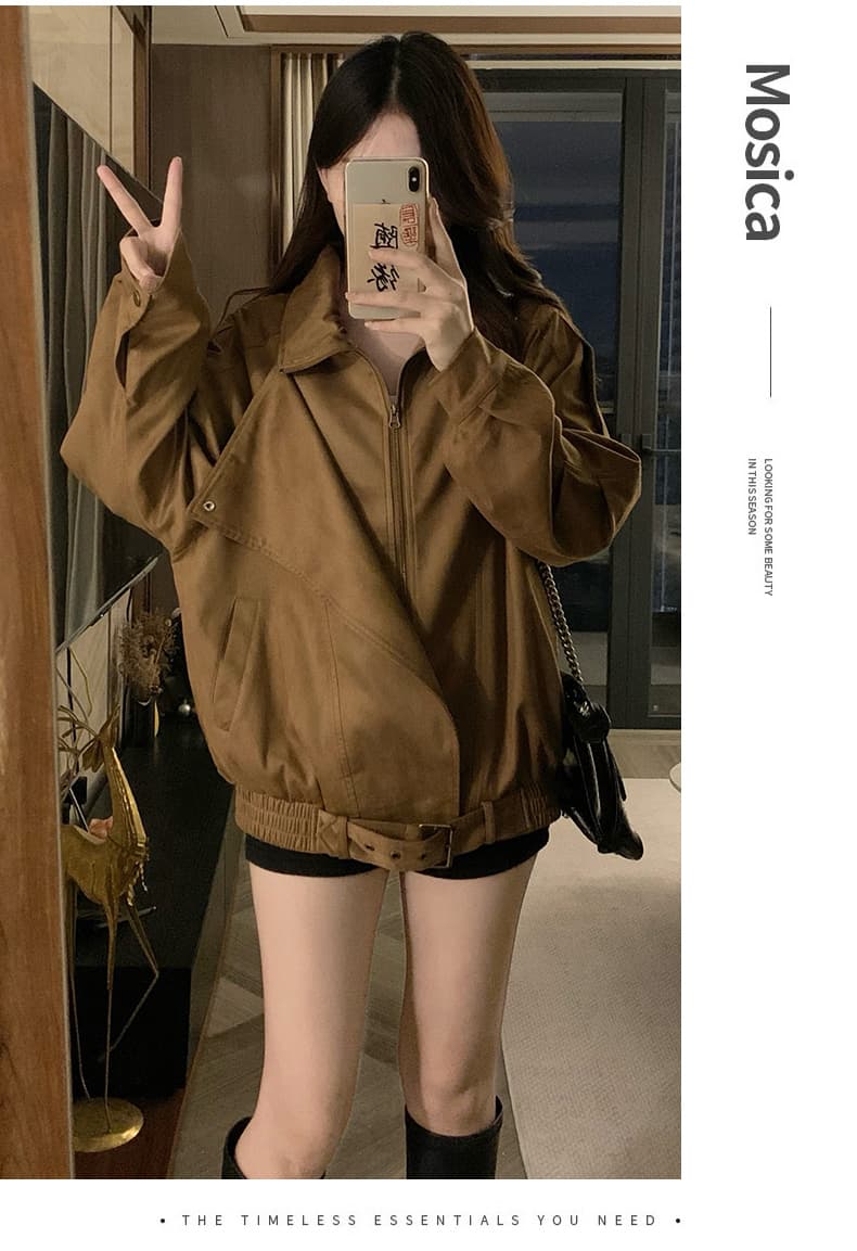 실사 빅 칼라 레트로 브라운 루즈핏 스웨이드 질감 센스 오토바이 재킷 여성 코트 2026 가을 새로운 상세 이미지 19