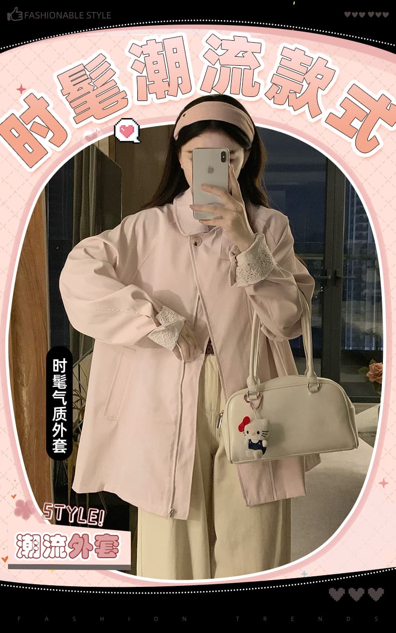 실사 2026 가을 새로운 학원 스타일 커프스 레이스 조각 디자인 바람막이 여성 코트 루즈핏 재킷 상세 이미지 1