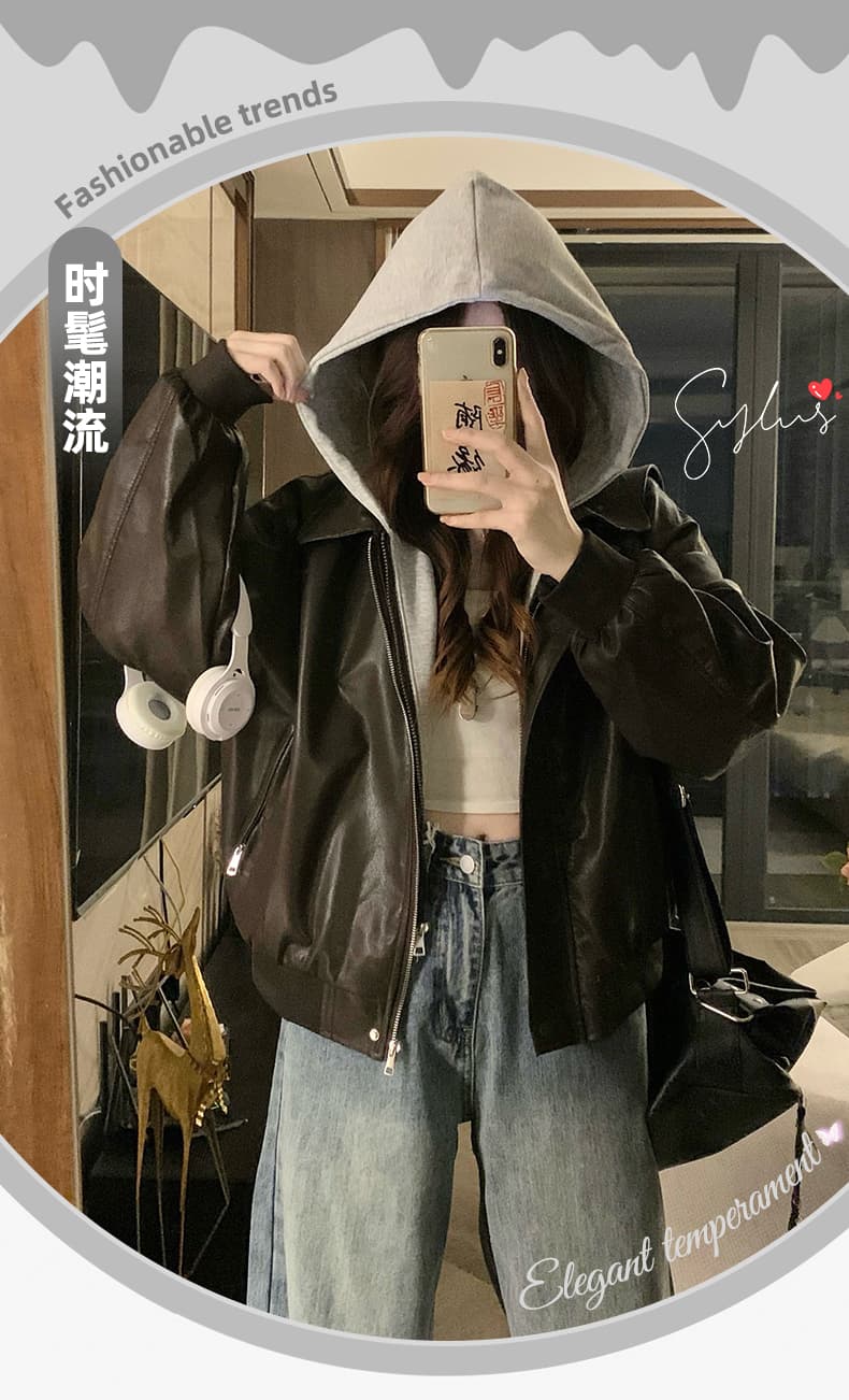 실사 커피 색상 페이크 레이어드 후드 가죽 재킷 여성 코트 가을 겨울 레트로 고급 센스 루즈핏 PU 가죽 오토바이 재킷 상세 이미지 1