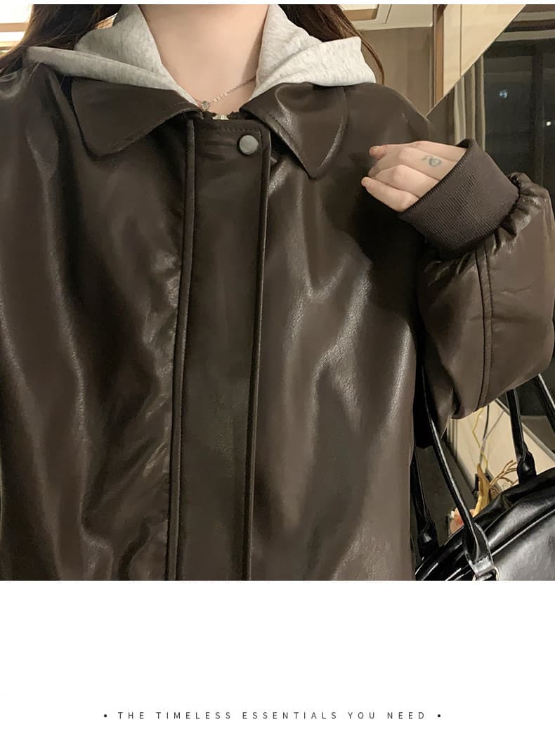 실사 커피 색상 페이크 레이어드 후드 가죽 재킷 여성 코트 가을 겨울 레트로 고급 센스 루즈핏 PU 가죽 오토바이 재킷 상세 이미지 20