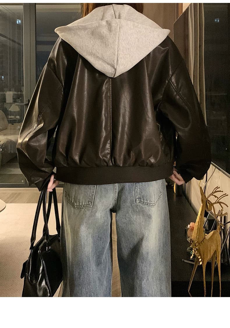 실사 커피 색상 페이크 레이어드 후드 가죽 재킷 여성 코트 가을 겨울 레트로 고급 센스 루즈핏 PU 가죽 오토바이 재킷 상세 이미지 22