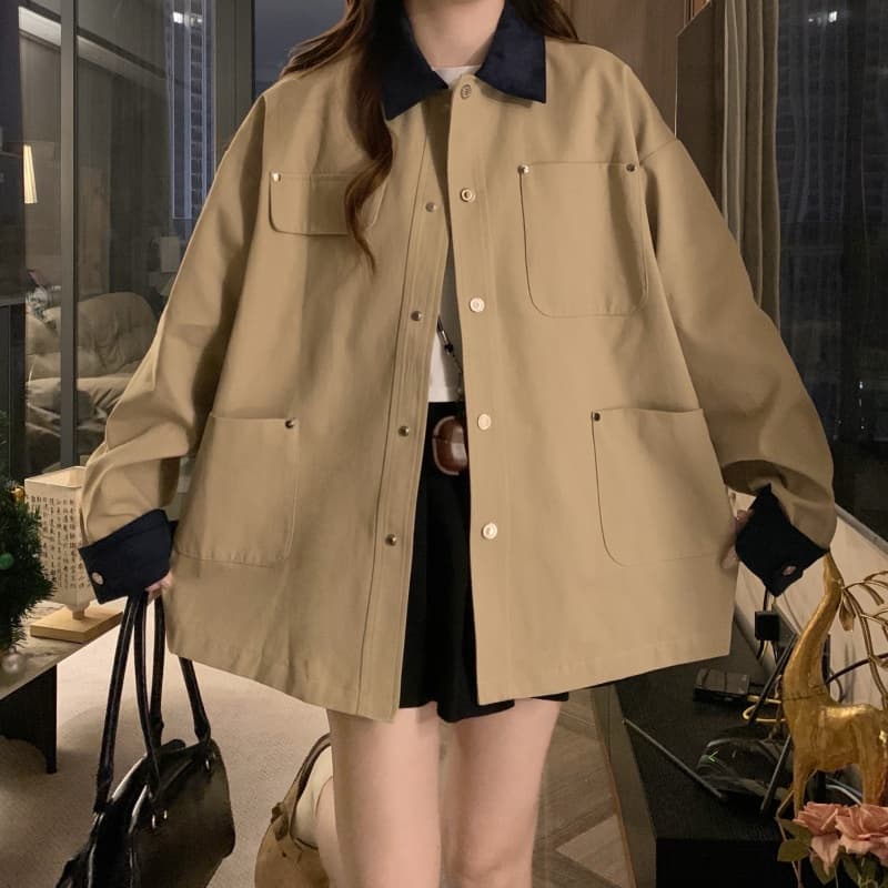 실사 고대 패치워크 배색 바람막이 여성 2026 가을 루즈핏 체크무늬 카키 색 재킷 재킷 이미지 5