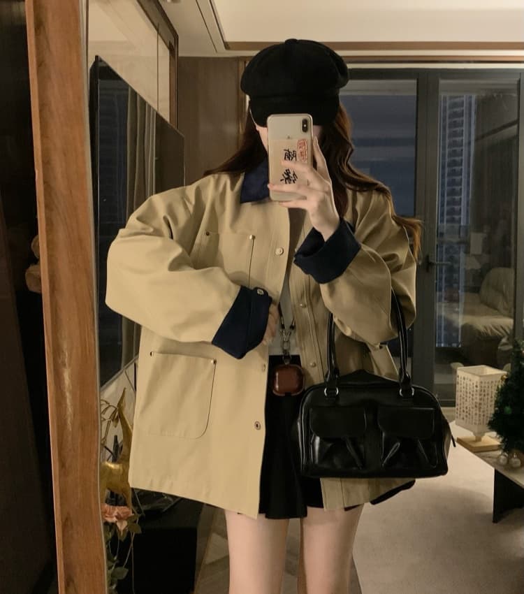 실사 고대 패치워크 배색 바람막이 여성 2026 가을 루즈핏 체크무늬 카키 색 재킷 재킷 상세 이미지 12
