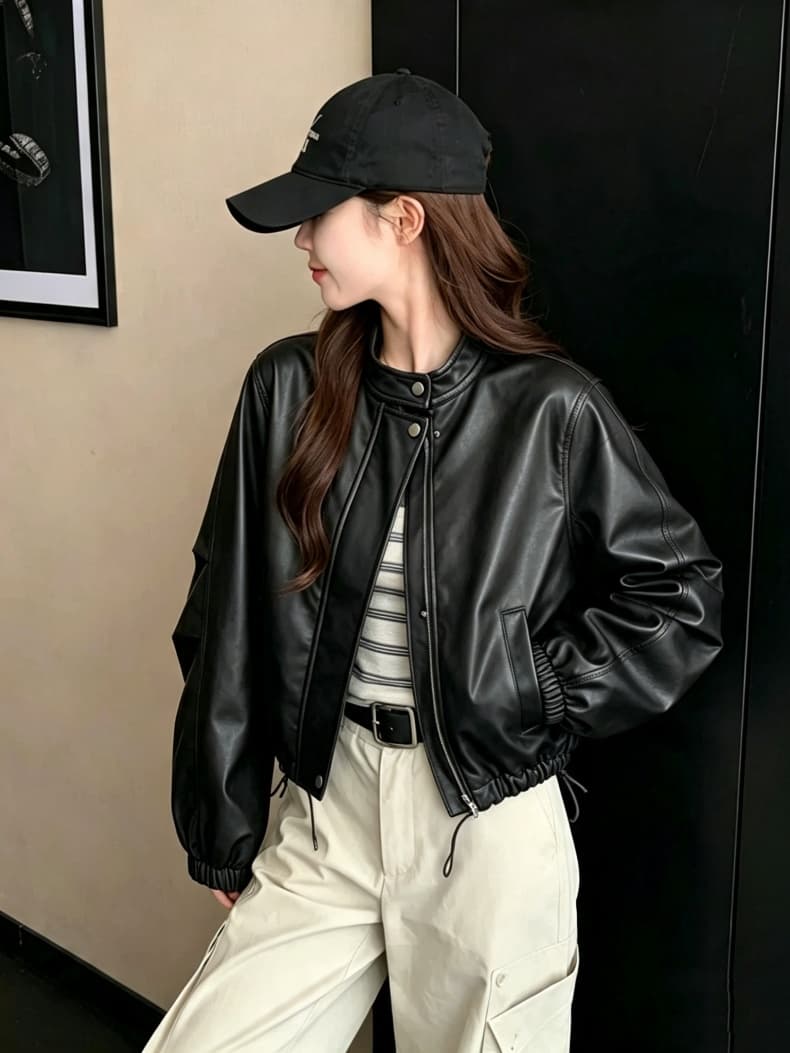 실사 가죽 재킷 여성 2026 가을 새로운 품격 레트로 PU 가죽 여성 코트 루즈핏 펌프 로프 다용도 재킷 재킷 상세 이미지 7