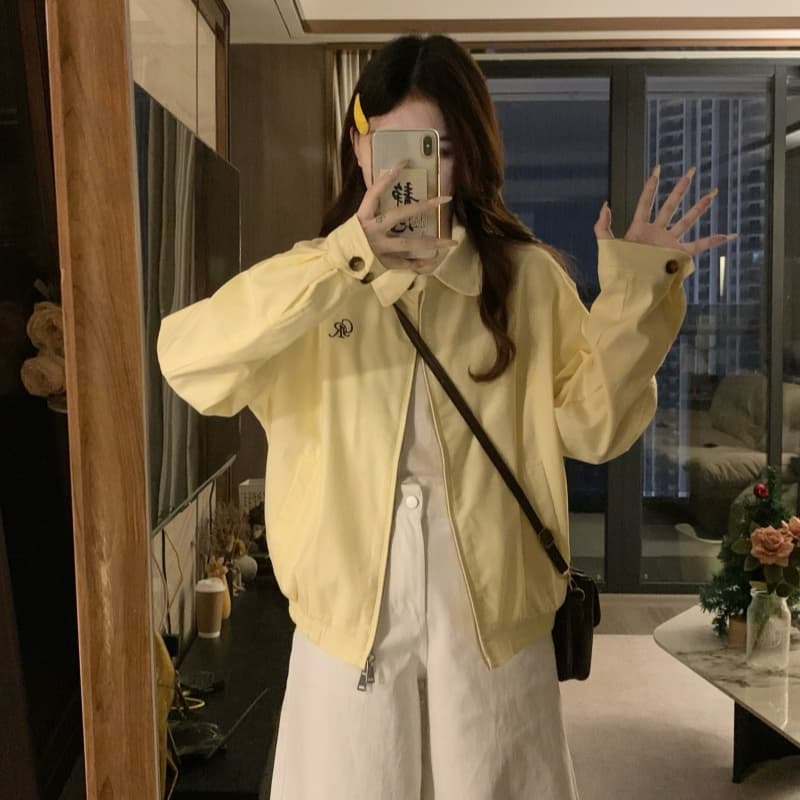실사 2026 가을 새로운 레몬 옐로우 단추 폴로 칼라 여성 코트 봄 가을 캐주얼 다용도 재킷 맨위 이미지 2