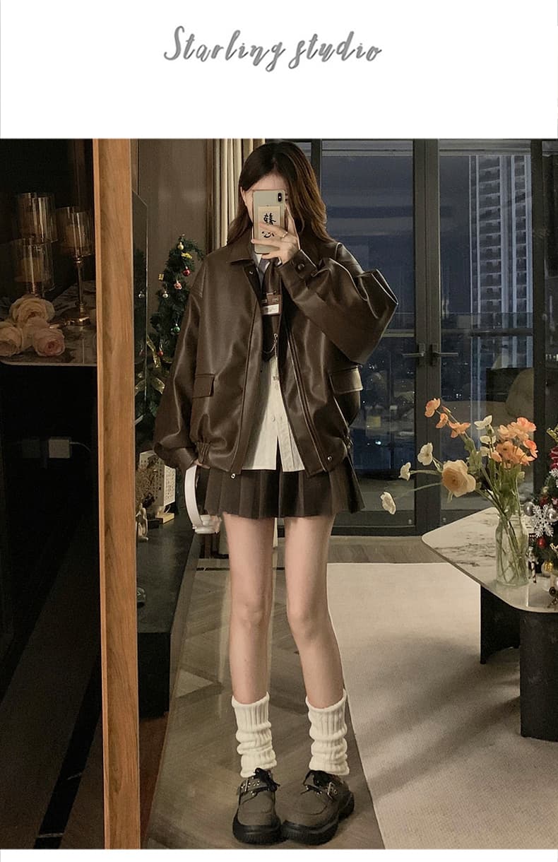 실사 새로운 가을 아름다움 라드. 인기 얇은 스타일 재킷 남녀 2026 브라운 재킷 아메리칸 작은 키 가죽 재킷 상세 이미지 17