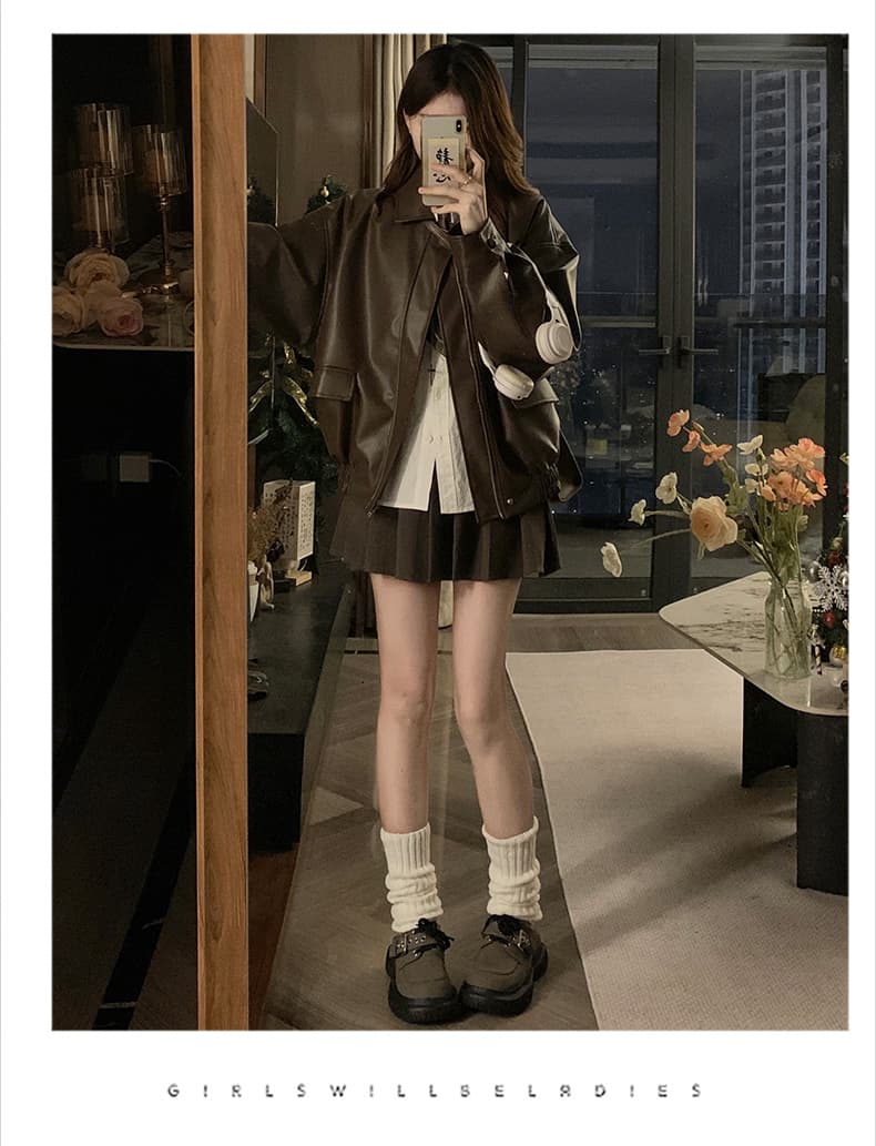 실사 새로운 가을 아름다움 라드. 인기 얇은 스타일 재킷 남녀 2026 브라운 재킷 아메리칸 작은 키 가죽 재킷 상세 이미지 18