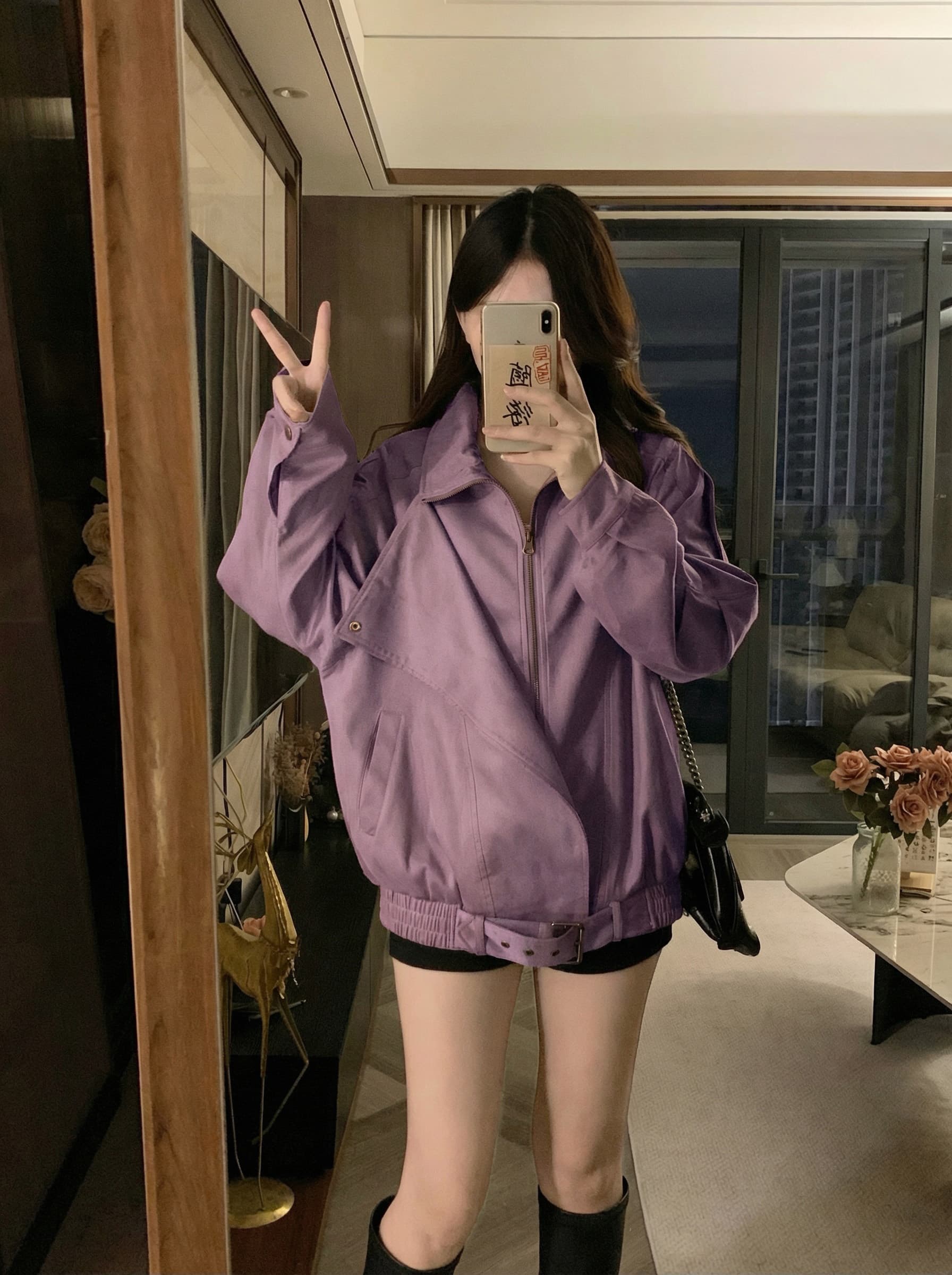 실사 스웨이드 오토바이 재킷 2026 이른 가을 절묘한 가죽 재킷 보라색 한 부서 재킷 상세 이미지 3