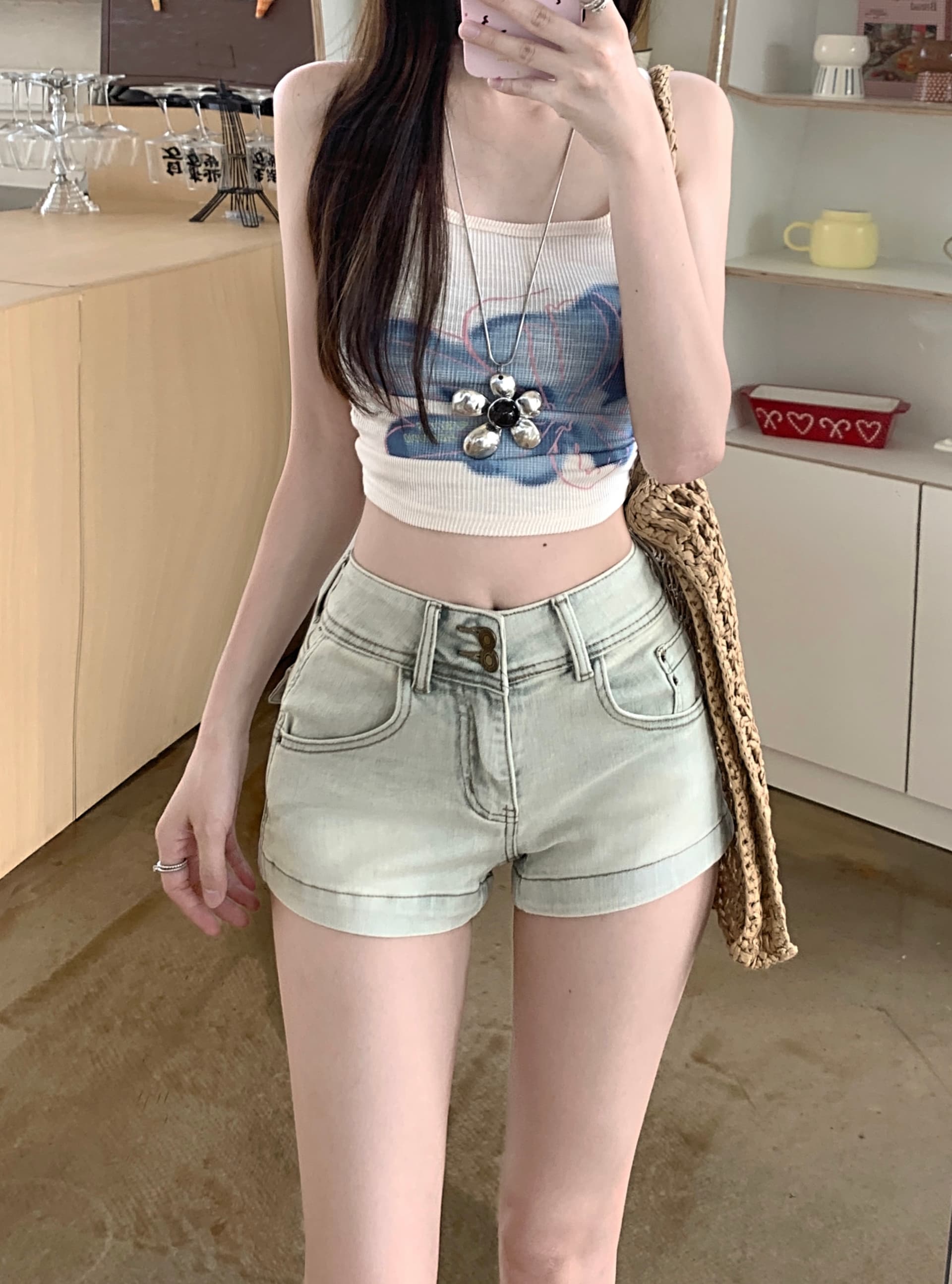 실사 핫걸 바람 마 오래된 두 버클 데님 반바지 여성 여름 아메리칸 레트로 하이웨이스트 슬림해 보이는 타이트 스커트 핫 바지 상세 이미지 4