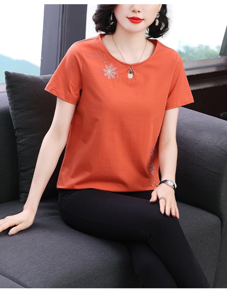 엄마 순면 반팔 티셔츠 여성 외국 가스 자수 맨위 중년 여름 드레스 새로운 루즈핏 반소매 단색 티셔츠 상세 이미지 11