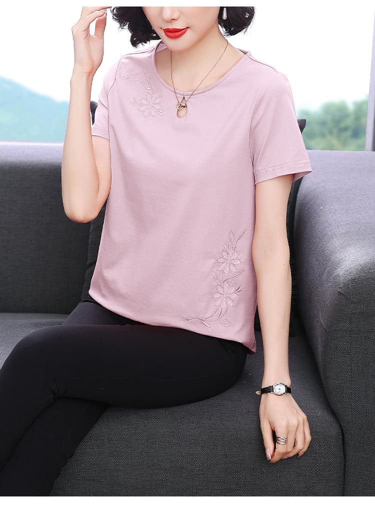 엄마 순면 반팔 티셔츠 여성 외국 가스 자수 맨위 중년 여름 드레스 새로운 루즈핏 반소매 단색 티셔츠 상세 이미지 18