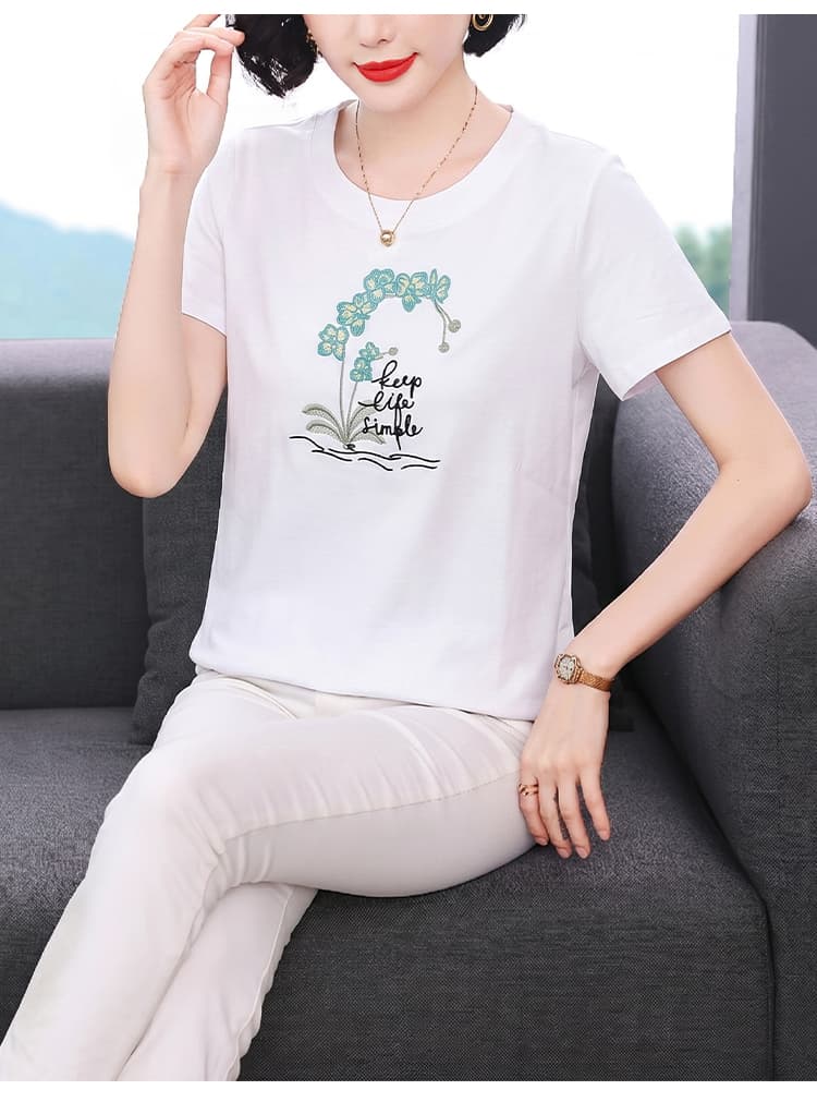 2026 여름 새로운 라운드 넥 반팔 티셔츠 여성 폭발 자수 루즈핏 연령 감소 엄마 슬림해 보이는 맨위 티셔츠 상세 이미지 18