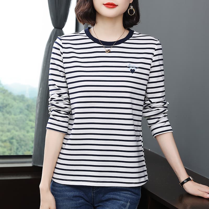 2026 가을 새로운 여성 의류 맨위 슬림해 보이는 엄마 만나는 캐주얼 다용도 순면 자수 스트라이프 긴팔 티셔츠 이미지 5