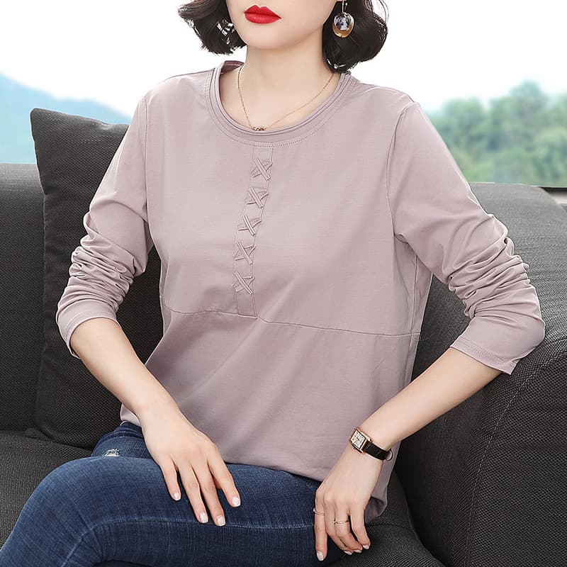 실사 2026 가을 면 긴팔 티셔츠 여성 루즈핏 슬림해 보이는 한국 스타일 다용도 단색 기본 셔츠 여성 레저 맨위 이미지 2