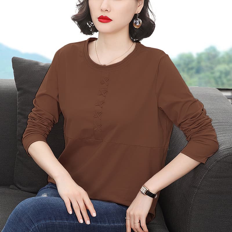 실사 2026 가을 면 긴팔 티셔츠 여성 루즈핏 슬림해 보이는 한국 스타일 다용도 단색 기본 셔츠 여성 레저 맨위 이미지 3