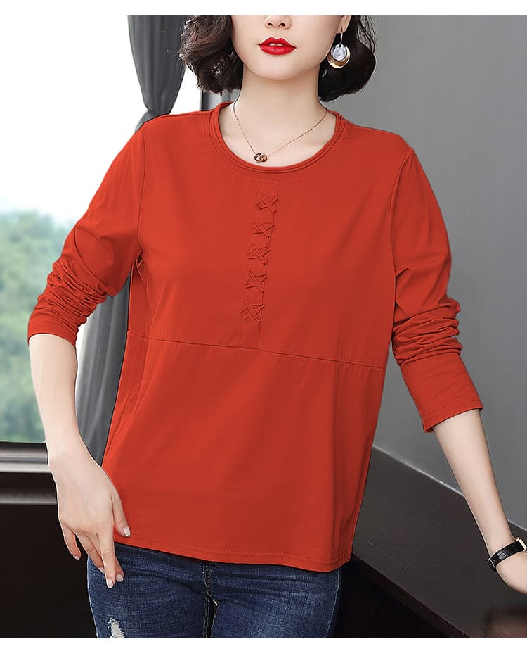 실사 2026 가을 면 긴팔 티셔츠 여성 루즈핏 슬림해 보이는 한국 스타일 다용도 단색 기본 셔츠 여성 레저 맨위 상세 이미지 16