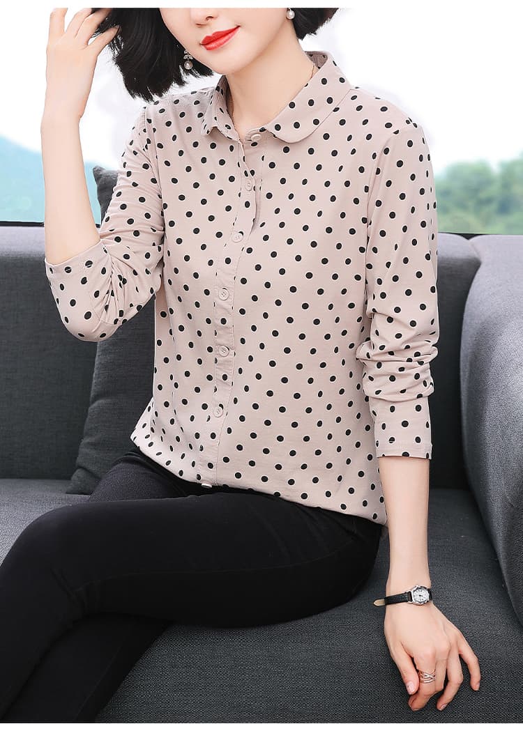 실사 2026 가을 새로운 면 100% polo 루즈핏 티셔츠 여성 긴 소매 맨위 민족 스타일 폴로 칼라 어머니 드레스 셔츠 상세 이미지 11