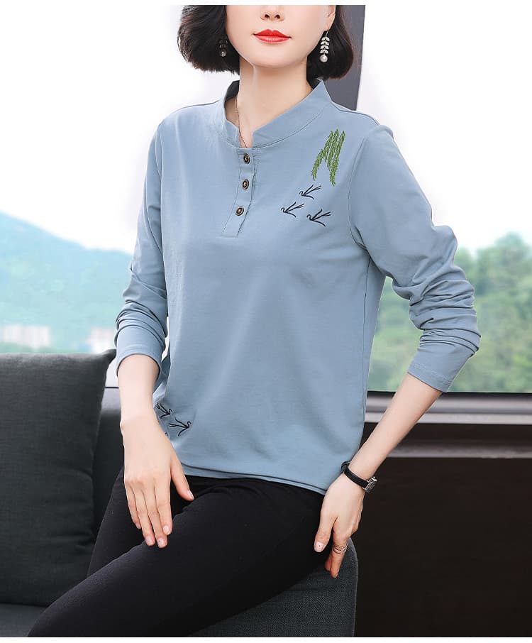 2026 가을 새로운 면 빅 사이즈 루즈핏 외국 가스 어머니 드레스 레트로 중식 바람 자수 스탠드 칼라 긴팔 티셔츠 여성 상세 이미지 10