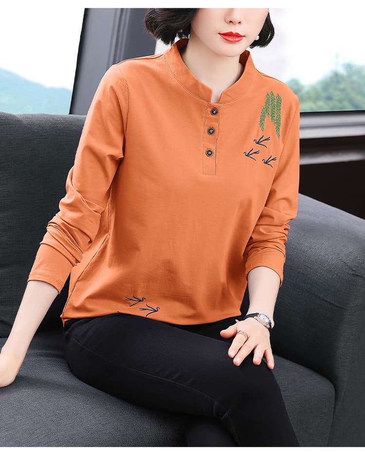 2026 가을 새로운 면 빅 사이즈 루즈핏 외국 가스 어머니 드레스 레트로 중식 바람 자수 스탠드 칼라 긴팔 티셔츠 여성 상세 이미지 17