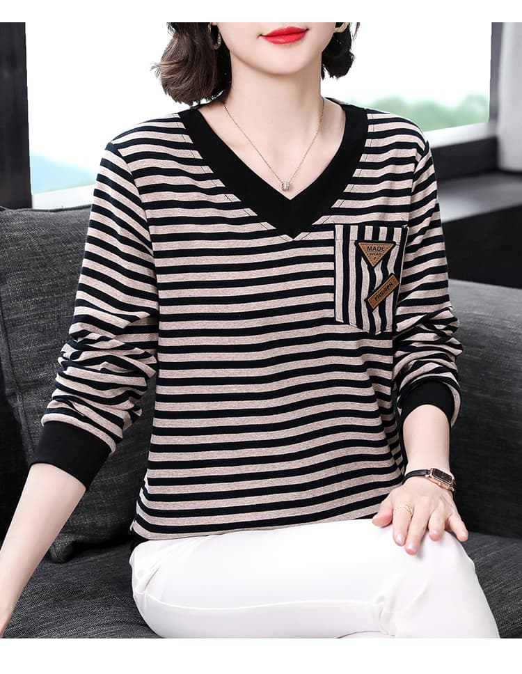 2026 가을 새로운 긴팔 티셔츠 여성 비료 추가 XL 여성 의류 루즈핏 엄마 다용도 캐주얼 V넥 스트라이프 기본 셔츠 상세 이미지 11