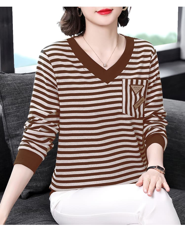2026 가을 새로운 긴팔 티셔츠 여성 비료 추가 XL 여성 의류 루즈핏 엄마 다용도 캐주얼 V넥 스트라이프 기본 셔츠 상세 이미지 17