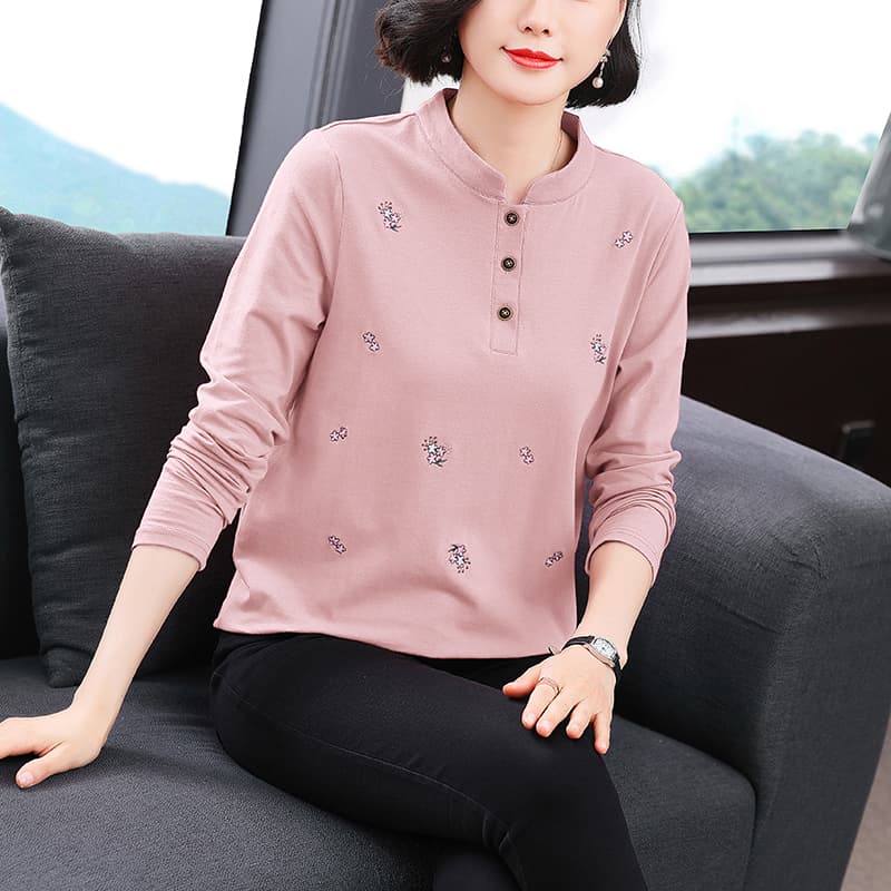 실사 가을 새로운 중년 엄마 긴팔 티셔츠 외국 가스 자수 맨위 여성 패션 빅 사이즈 다용도 기본 셔츠 이미지 3