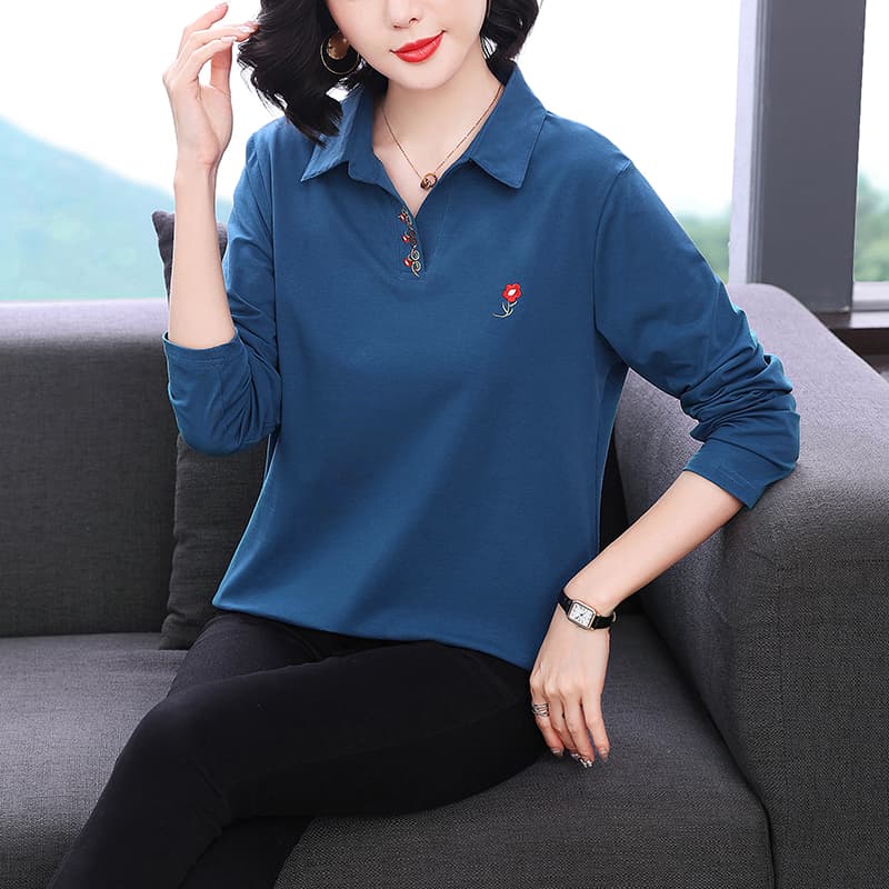 2026 새로운 폴로 칼라 긴팔 티셔츠 빅 사이즈 중노년 가을 의상 순면 여성 맨위 엄마 봄 가을 기본 셔츠 이미지 2