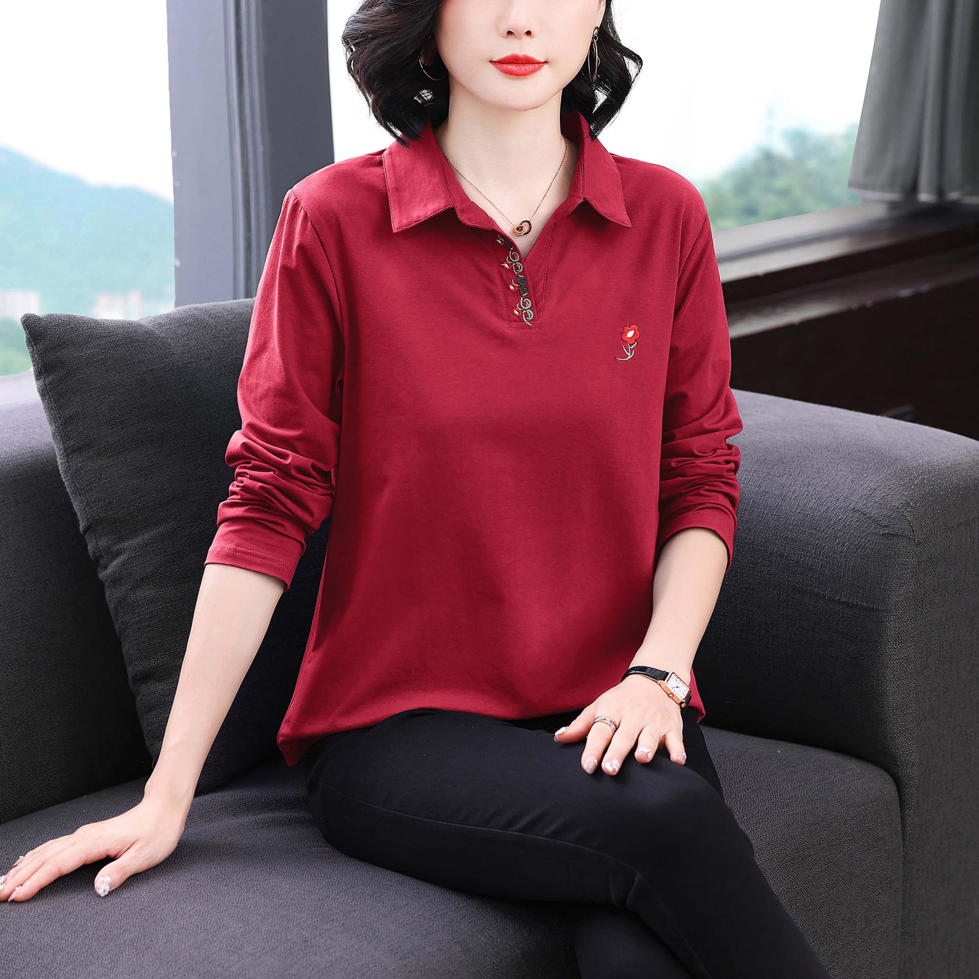 2026 새로운 폴로 칼라 긴팔 티셔츠 빅 사이즈 중노년 가을 의상 순면 여성 맨위 엄마 봄 가을 기본 셔츠 이미지 3