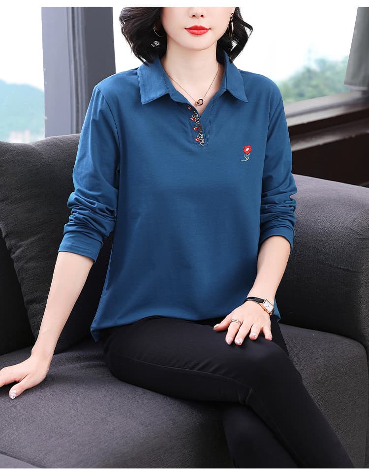 2026 새로운 폴로 칼라 긴팔 티셔츠 빅 사이즈 중노년 가을 의상 순면 여성 맨위 엄마 봄 가을 기본 셔츠 상세 이미지 11
