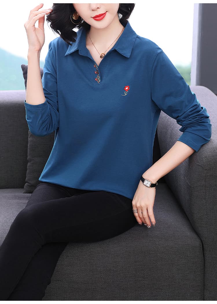 2026 새로운 폴로 칼라 긴팔 티셔츠 빅 사이즈 중노년 가을 의상 순면 여성 맨위 엄마 봄 가을 기본 셔츠 상세 이미지 12