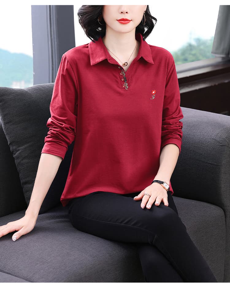 2026 새로운 폴로 칼라 긴팔 티셔츠 빅 사이즈 중노년 가을 의상 순면 여성 맨위 엄마 봄 가을 기본 셔츠 상세 이미지 17