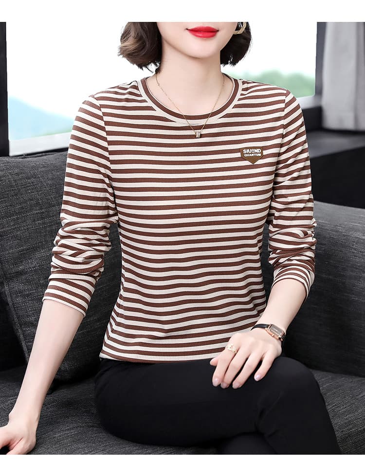 2026 가을 새로운 라운드 넥 기본 셔츠 여성 봄 가을 엄마 슬림해 보이는 스트라이프 가을 의상 여성 의류 긴팔 티셔츠 맨위 상세 이미지 12