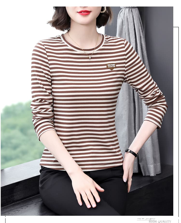 2026 가을 새로운 라운드 넥 기본 셔츠 여성 봄 가을 엄마 슬림해 보이는 스트라이프 가을 의상 여성 의류 긴팔 티셔츠 맨위 상세 이미지 14