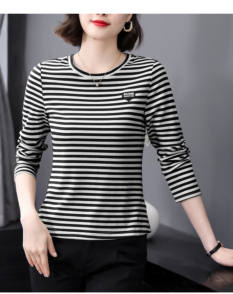 2026 가을 새로운 라운드 넥 기본 셔츠 여성 봄 가을 엄마 슬림해 보이는 스트라이프 가을 의상 여성 의류 긴팔 티셔츠 맨위 상세 이미지 19