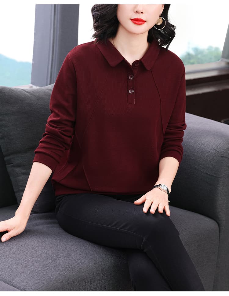 2026 가을 새로운 중년 및 고령자 루즈핏 슬림해 보이는 빅 사이즈 폴로 칼라 맨위 엄마 캐주얼 연령 감소 긴팔 후드티 상세 이미지 11