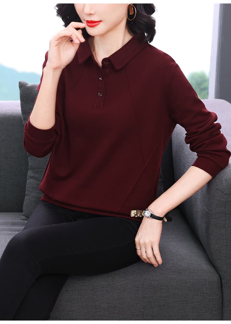 2026 가을 새로운 중년 및 고령자 루즈핏 슬림해 보이는 빅 사이즈 폴로 칼라 맨위 엄마 캐주얼 연령 감소 긴팔 후드티 상세 이미지 12