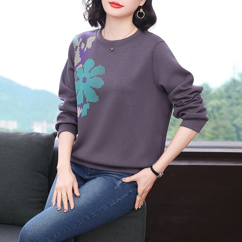 2026 가을 새로운 패션 연령 감소 라운드 넥 후드티 여성 프린트 루즈핏 슬림해 보이는 공기 면 풀오버 맨위 트렌디 이미지 4