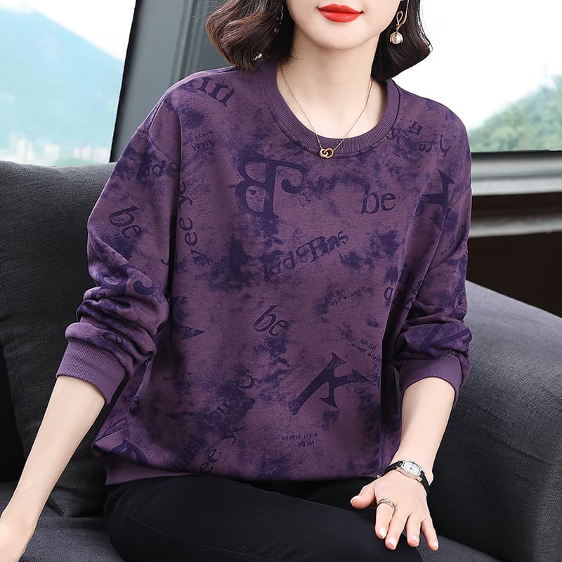 2026 가을 새로운 프린트 후드티 여성 패션 다용도 여성 라운드 넥 어머니 드레스 루즈핏 캐주얼 긴팔 맨위 이미지 3