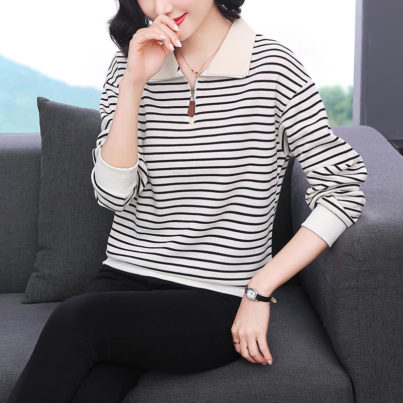 2026 봄과 가을 옷 폴로 칼라 스트라이프 후드티 여성 디자인 센스 프랑스식 패치워크 지퍼 배색 슬림해 보이는 맨위 이미지 2