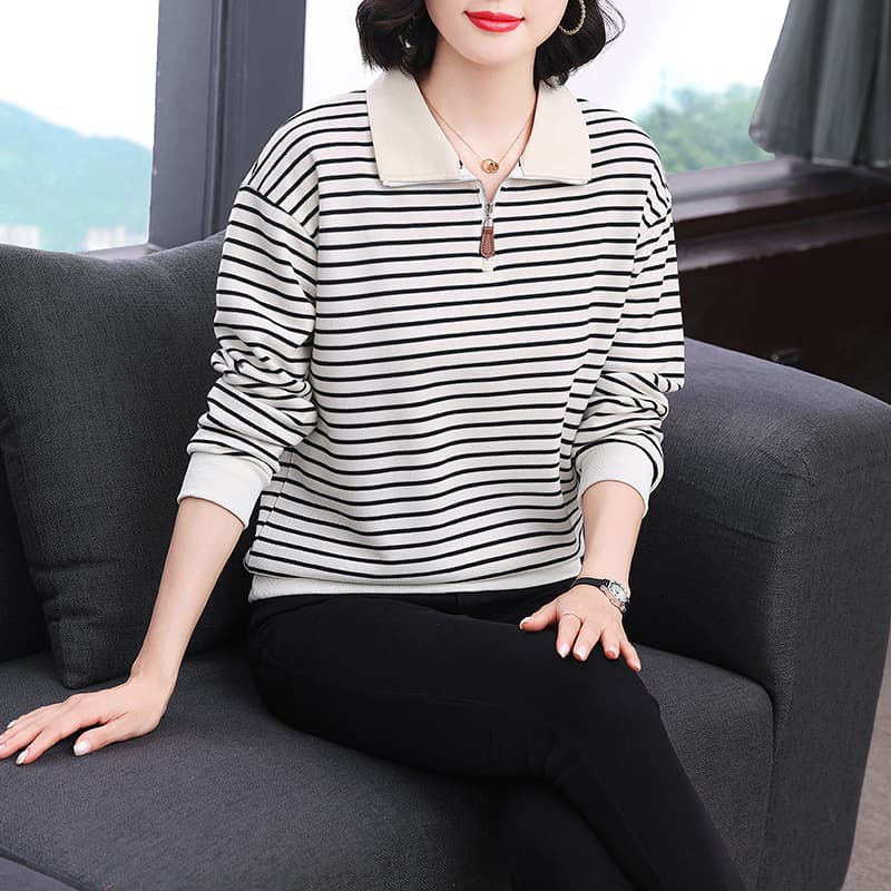 2026 봄과 가을 옷 폴로 칼라 스트라이프 후드티 여성 디자인 센스 프랑스식 패치워크 지퍼 배색 슬림해 보이는 맨위 이미지 3