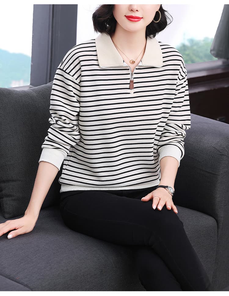 2026 봄과 가을 옷 폴로 칼라 스트라이프 후드티 여성 디자인 센스 프랑스식 패치워크 지퍼 배색 슬림해 보이는 맨위 상세 이미지 9