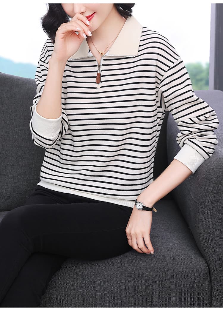 2026 봄과 가을 옷 폴로 칼라 스트라이프 후드티 여성 디자인 센스 프랑스식 패치워크 지퍼 배색 슬림해 보이는 맨위 상세 이미지 10