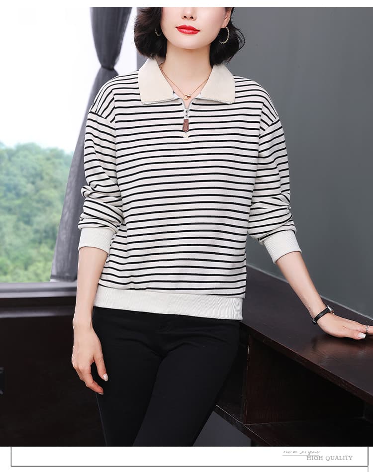 2026 봄과 가을 옷 폴로 칼라 스트라이프 후드티 여성 디자인 센스 프랑스식 패치워크 지퍼 배색 슬림해 보이는 맨위 상세 이미지 11