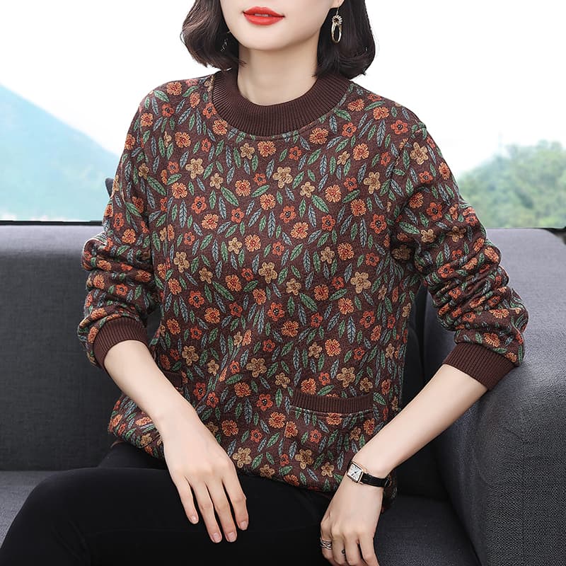 2026 가을 겨울 새로운 패션 꽃무늬 털이 있는 보온 맨위 어머니 드레스 캐주얼 루즈핏 꽃무늬 니트 기본 셔츠 이미지 4