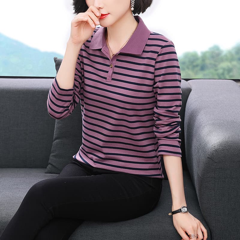 2026 가을 새로운 스트라이프 기본 셔츠 외국 가스 어머니 드레스 폴로 칼라 순면 긴팔 티셔츠 여성 루즈핏 POLO 셔츠 이미지 2
