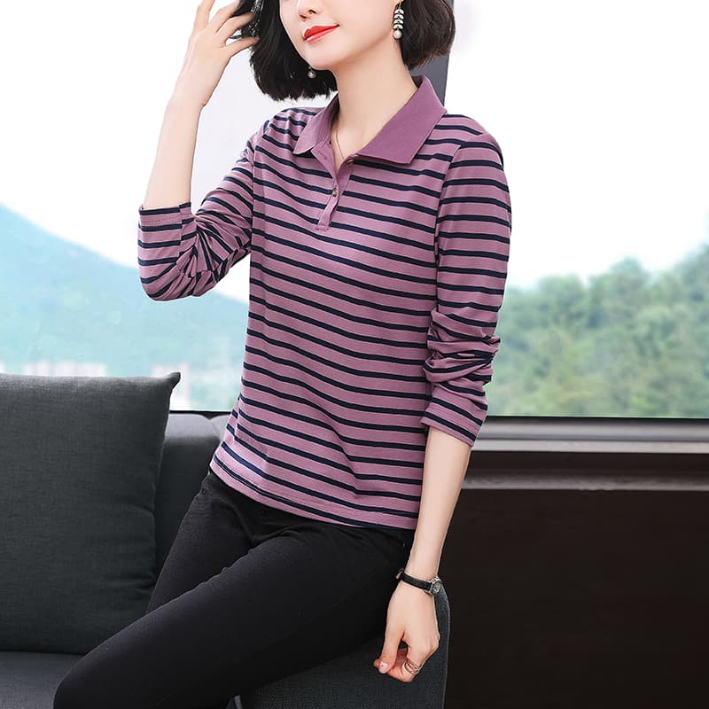 2026 가을 새로운 스트라이프 기본 셔츠 외국 가스 어머니 드레스 폴로 칼라 순면 긴팔 티셔츠 여성 루즈핏 POLO 셔츠 이미지 4