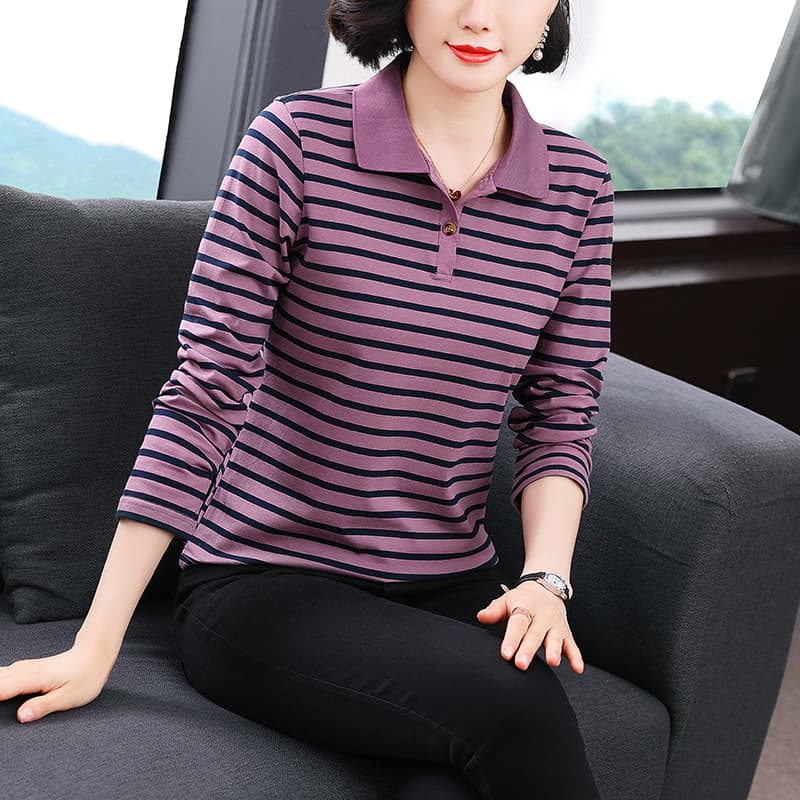 2026 가을 새로운 스트라이프 기본 셔츠 외국 가스 어머니 드레스 폴로 칼라 순면 긴팔 티셔츠 여성 루즈핏 POLO 셔츠 이미지 3