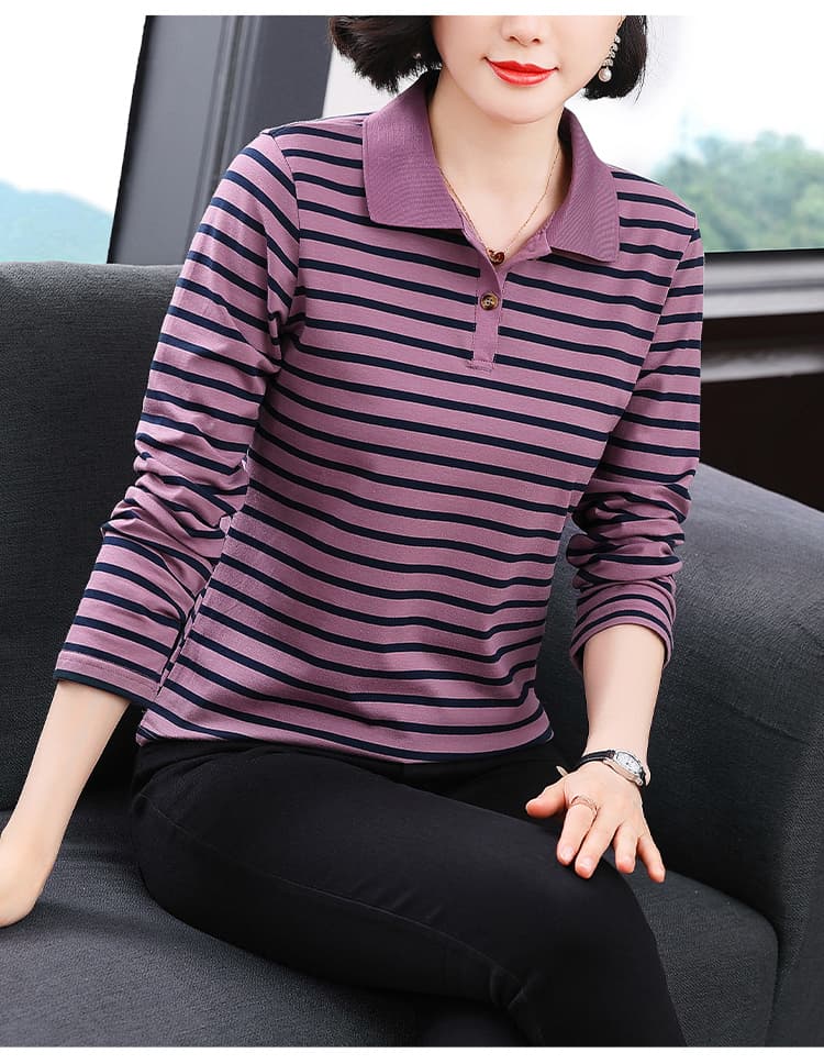 2026 가을 새로운 스트라이프 기본 셔츠 외국 가스 어머니 드레스 폴로 칼라 순면 긴팔 티셔츠 여성 루즈핏 POLO 셔츠 상세 이미지 9