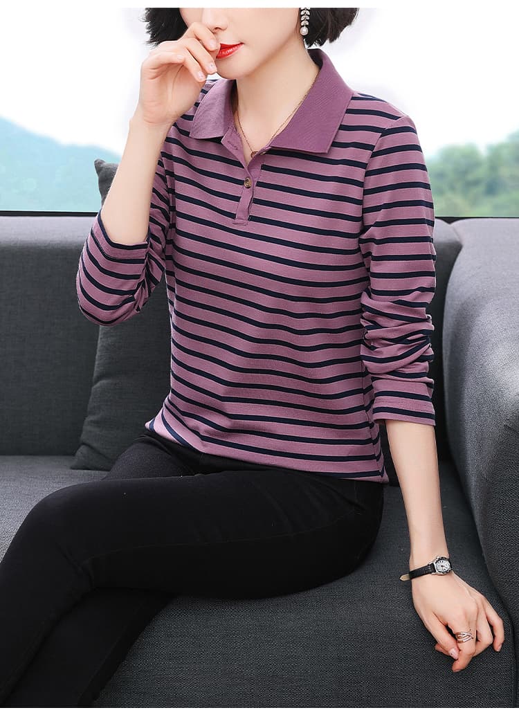 2026 가을 새로운 스트라이프 기본 셔츠 외국 가스 어머니 드레스 폴로 칼라 순면 긴팔 티셔츠 여성 루즈핏 POLO 셔츠 상세 이미지 10