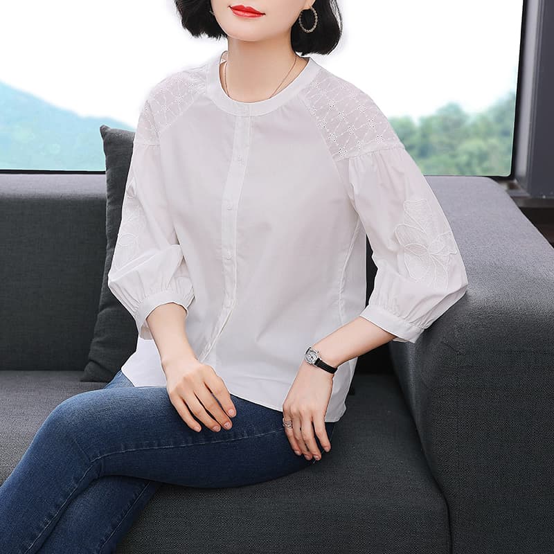 실사 2026 년 가을 새로운 고유 한 Chic 프랑스식 7부 소매 셔츠 맨위 화이트 주간 실크 여성 셔츠 이미지 2